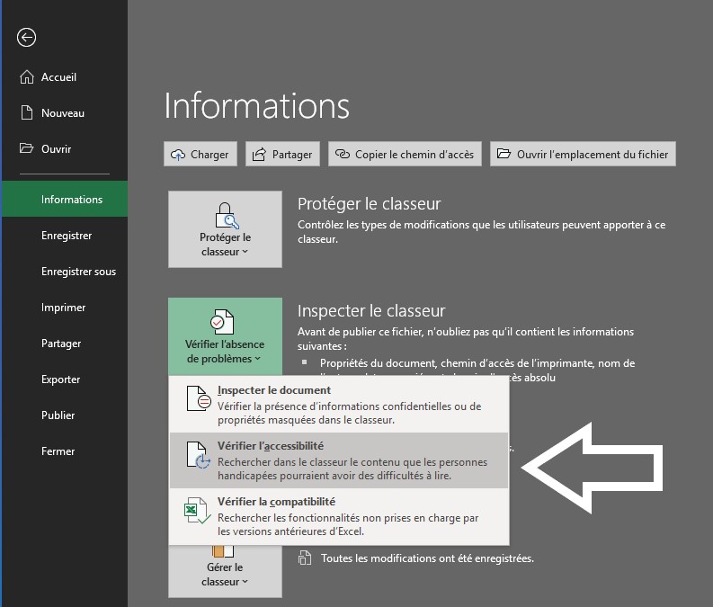 Capture d’écran de menu vérification de l’accessibilité